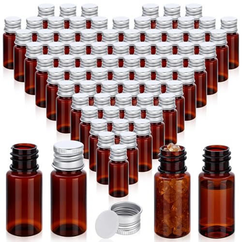 200 Pcs 10ml Mini Plastic Bottles Vials Tiny Jar with Aluminum Screw Lid Cap Clear Plastic Sample Container with Sealed Top Metal Lid for Cosmetic Essential Oil Specimen(Sliver and Amber) - color: Sliver and Amber