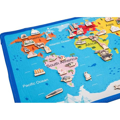 Montessori Continents Playmat with Matching Wooden Cards, World Map Matching Game for Kids 4-8 Years Old, Educational Play Mat, Geography Learning Activity Toy with 41 Animals & Landmarks