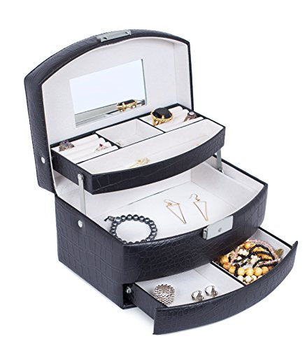 Internet's Best Faux Leather 3-Tier Jewelry Case | Slide Open Jewelry Box | Multi Compartment for Rings, Earings, Necklaces & Bracelets | Interior Mirror | Black