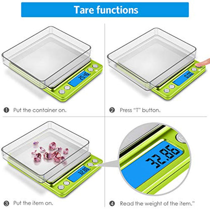 AMIR Digital Kitchen Scale, 500g-0.01g Mini Pocket Jewelry Scale, Cooking Food Scale with Backlit LCD Display, 2 Trays, 6 Units, Auto Off, Tare, Stainless Steel (Battery Included) - color: Green