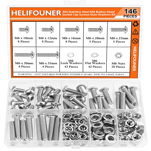 HELIFOUNER 146 Pieces M6 x 10mm /12mm /16mm /20mm /25mm /30mm /35mm, Button Head Socket Cap Screws Bolts Washers Nuts Kit, 304 Stainless Steel - size: M6, style: Button Head Screws