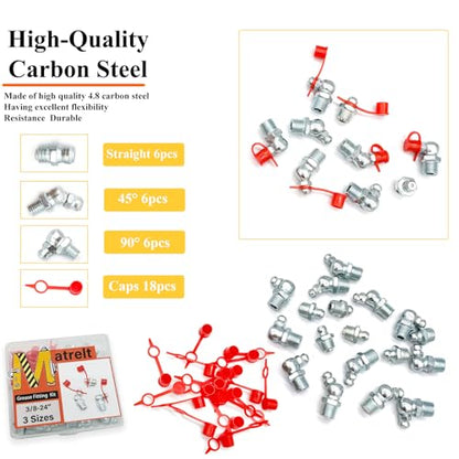 18Pcs 3/8"-24 Straight 45 90 Degree Grease Fitting Assortment Kit with Grease Zerk Fittings Caps, Galvanized Steel Hydraulic Grease Zerk for Industrial and Agricultural Machinery Cars Ships ets - size: 3/8"-24-18 Pcs