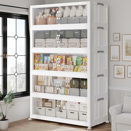 800QT Extra Large Stackable Storage Bins with Lid, 200Gal Plastic Closet Organizers and Storage Drawer, Collapsible Cabinet Box with Wheels Clear Doors for Home Kitchen Garage, 5Pack White - color: White, size: 160QT-5Pack