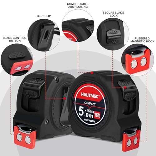 HAUTMEC Tape Measure 16ft/5m 6-Pack with Magnetic Hook & Finger Brake Lock | Fraction 1/8" Dual Metric and Imperial Scale | Compact for Builders, Woodworkers & Wholesale 25039