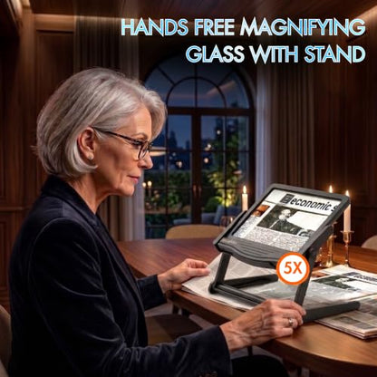 MAGNIPROS 5X LED Page Magnifying Glass, Detachable Stand, 3 Color Modes - color: Jet Black