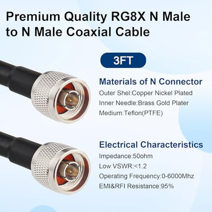 MOOKEERF RG8X N Male to N Male Cable 3FT,Ultra Low Loss N Cable 50 ohm RG8X Stranded Core for WiFi Router,Amplifier,Antenna,Signal Booster Use - size: 3FT