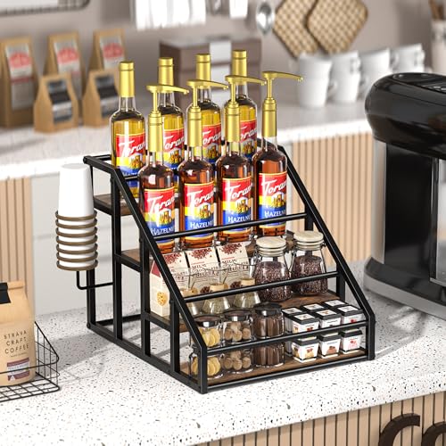 Coffee Syrup Rack Organizer, Spice Racks, Syrup Bottle Holder Stand for Coffee Bar, 4-Tier 16 Bottles Storage Shelves for Syrup, Wine, Dressing for Kitchen Countertop, Rustic Brown & Black - color: Rustic Brown, size: 4-Tier (16 Bottles)