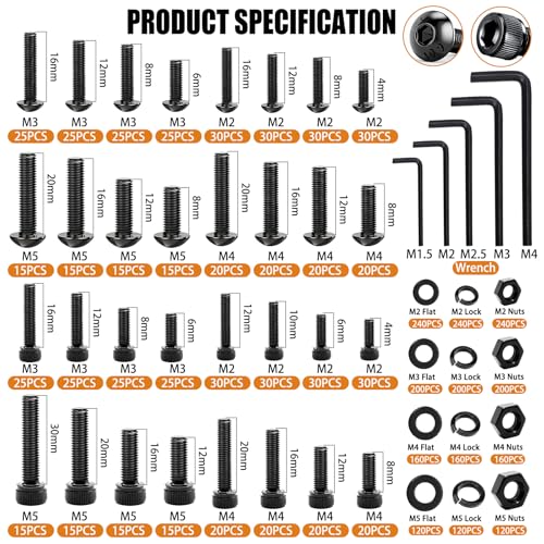 mankk 3160PCS Metric Bolt Nut Assortment Kit, with Flat & Lock Washers - size: BK 3160PCS Kit