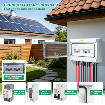4 in 2 Out Solar Combiner Box,PV Combiner Box with 20A PV Fuse,DC 40A Circuit Breaker and Surge Protector,IP65 Solar Disconnect Switch Box for Indoor Outdoor Solar Panel System (4 in 2 Out 20A 1000V) - size: 4 In 2 Out 20A 1000V
