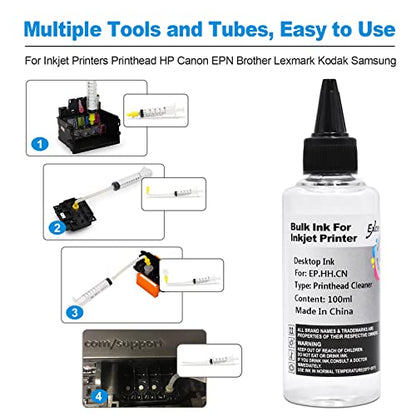 Printhead Cleaning Kit Compatible for Brother Epson HP Canon Nozzle Inkjet EcoTank Officejet Deskjet Pixma Printers-Liquid Printers Head Cleaning Suit Solution 100ml, 10ml Premium Syringe