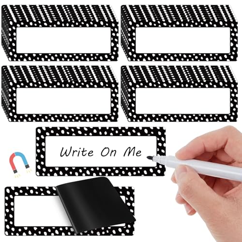 Eaasty 48 Pcs Dry Erase Magnetic Labels Reusable Magnetic Name Tag for Whiteboard Locker Fridge Classroom School Office Home(White Painted Dots on Black) - style: White Painted Dots on Black
