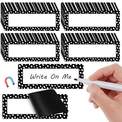 Eaasty 48 Pcs Dry Erase Magnetic Labels Reusable Magnetic Name Tag for Whiteboard Locker Fridge Classroom School Office Home(White Painted Dots on Black) - style: White Painted Dots on Black