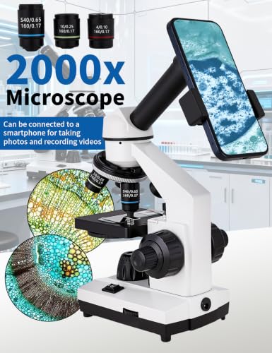 Microscope for Adults,WF10x/25x Eyepieces,40x–2000x Magnification,Up/Down LED,Comes with a Free Experiment Kit & Phone Adapter.Suitable for Students Home and School Lab