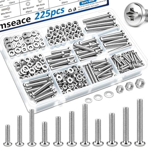 smseace 225Pcs Silver Nuts and Bolts Assortment Kit 12-Sizes M4/M5/M6 Nut Bolt Washer Assortment Kit for Machinery, Furniture, Automotive, Motorcycle Repairs - color: Silver, size: 225Pcs M4-M6