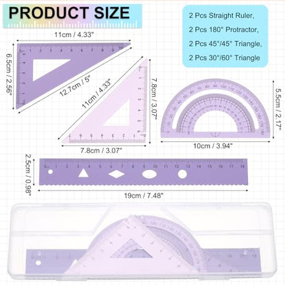 PATIKIL Geometry Set 2Pcs 7" Aluminum Ruler & 4 Triangles, Metal Protractor - color: Gradient Purple, size: 7 Inch
