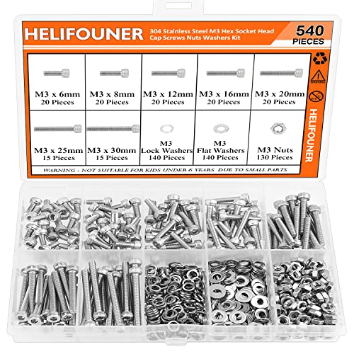 HELIFOUNER 540 Pieces M3 x 6mm /8mm /12mm /16mm /20mm /25mm /30mm, Hex Socket Head Cap Screws Bolts Washers Nuts Kit, 304 Stainless Steel - size: M3, style: Socket Head Screws