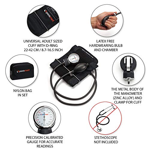 PARAMED Aneroid Sphygmomanometer – Manual Blood Pressure Cuff with Universal Cuff 8.7-16.5" and D-Ring – Carrying Case in the kit – Black – Stethoscope Not Included - color: Black