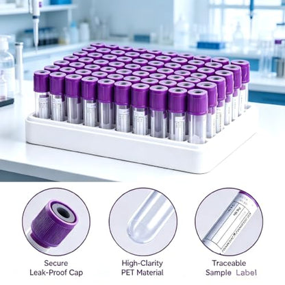 100 Pcs 3ml Plain Plastic Sample Tubes with Purple Cap for Lab Use - color: purple-3ml-100