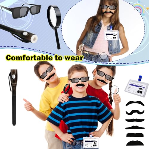 60 Pcs Spy Detective Party Favors Set Spy Kit Detective Glasses Magnifying Glass Pass Card Invisible Ink Pen Fake Mustache Sticker treat Bags Stuffers Escape Room Birthday Party Decorations