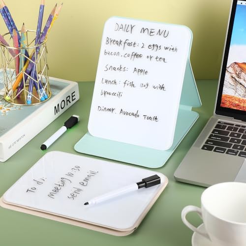 Dunzoom 2 Sets 4 Pcs Small Glass Desktop Whiteboard with Reversable Stand 8x6 Inch Mini Dry Erase White Board Easel with 2 Markers Reusable Desk Notepad for Home Office School Supplies (White,Green) - color: White, Green