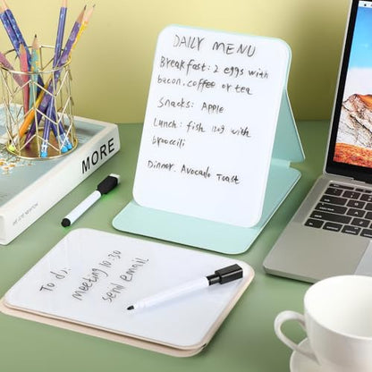 Dunzoom 2 Sets 4 Pcs Small Glass Desktop Whiteboard with Reversable Stand 8x6 Inch Mini Dry Erase White Board Easel with 2 Markers Reusable Desk Notepad for Home Office School Supplies (White,Green) - color: White, Green