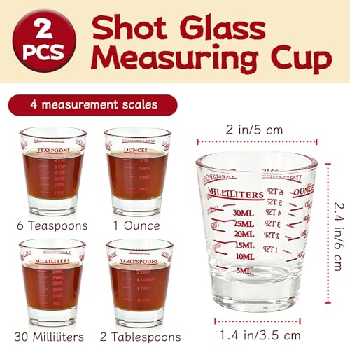 2 Pack High Borosilicate Shot Glass Measuring Cup,Espresso Shot Heavy Glass,Thick Base Liquid Measuring Cup 26-Incremental Measurement 1 OZ,2 TBS,6 TSP,30 ML - color: 2 Pack Shot Glass Measuring Cup