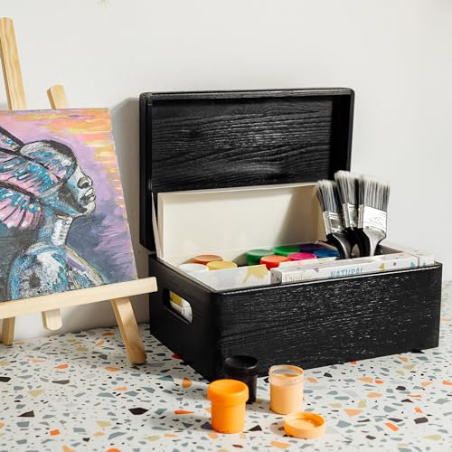 Creative Deco Large Black Wooden Box Storage with Hinged Lid - color: Black, size: L | Handles