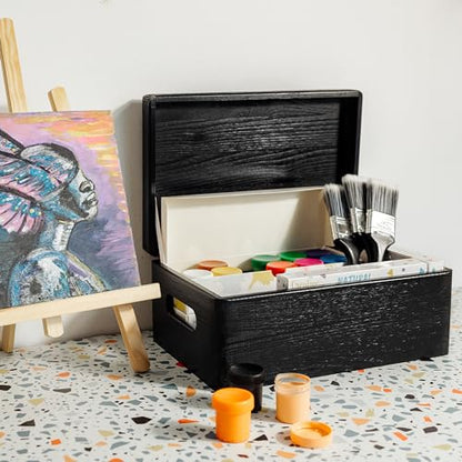 Creative Deco Large Black Wooden Box Storage with Hinged Lid - color: Black, size: L | Handles