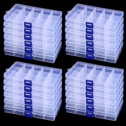 24 Pack 15 Grids Clear Plastic Bead Organizer Box Small Craft Organizer Box Storage Container with Adjustable Dividers for Jewelry Crafts Fishing Tackle Small Parts