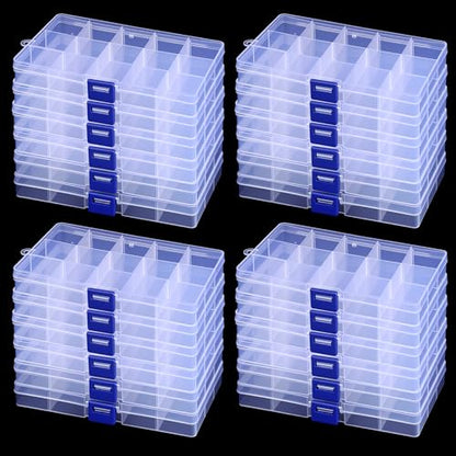 24 Pack 15 Grids Clear Plastic Bead Organizer Box Small Craft Organizer Box Storage Container with Adjustable Dividers for Jewelry Crafts Fishing Tackle Small Parts