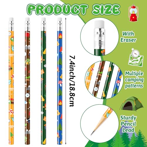 Xqumoi 60Pcs Camping Pencils with Erasers - 4 Designs #2 HB Pencils in Bulk Outdoor Camping Patterns Themed Stationery School Classroom Rewards Goodie Bag Fillers Stuffers Birthday Party Favors - style: Camping