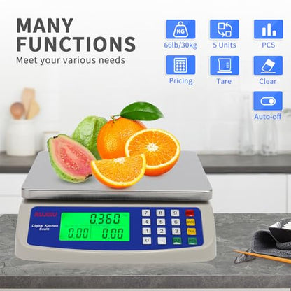 Large Digital Kitchen Scale 30KG Commercial Food Scale 66LB for Baking Bread Meat Stainless Steel Price Computing Scale LCD Display,Prep Counting Scale for Parts and Coins Adapter Included - color: GREY 30KG