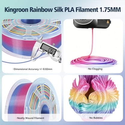 Kingroon Silk PLA Filament 1.75mm Rainbow Filament 3D Printer Filament Color Changing Filament 1kg Dimensional Accuracy +/- 0.02mm,Fit Most 3D Printers(Candy) - color: 1kg Candy 2