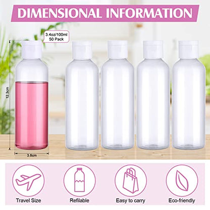 50 Pcs 3.4 oz Clear Plastic Travel Bottles with Flip Cap Funnels