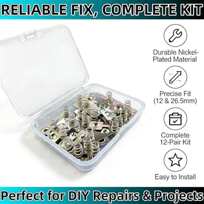 12 Pairs AA Battery Spring Replacement Kit, Nickel Plated Contact Plates & Conversion Springs for Remote, Toy, Clock, Charger (12x12mm & 12x26.5mm)