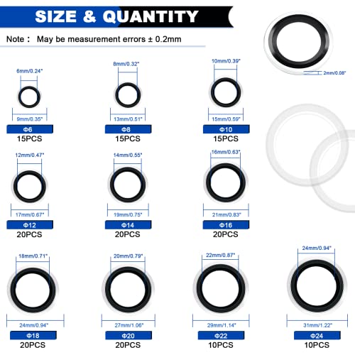 165PCS Bonded Sealing Washers, Metric Sealing Rubber Washers Kit - color: 165PCS Black Seal Washers