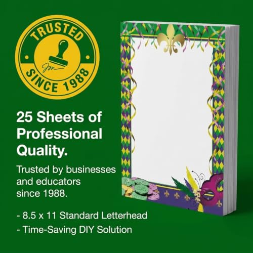 PaperDirect Mardi Gras Affair Border Papers, Party Stationery with Yellow Green Purple Harlequin Diamonds, Mask and Coins, 8.5 x 11, Acid-Free, Ideal for School, Business, Cards, 25 Sheets - color: Mardi Gras Affair
