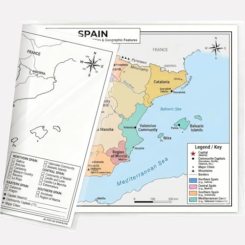 Spain Map Poster 11x17 | Laminated Double-Sided Geography Chart with Color Map Front & Blank Outline Back | Reusable Classroom & Homeschool Learning Tool - color: Spain