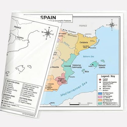 Spain Map Poster 11x17 | Laminated Double-Sided Geography Chart with Color Map Front & Blank Outline Back | Reusable Classroom & Homeschool Learning Tool - color: Spain