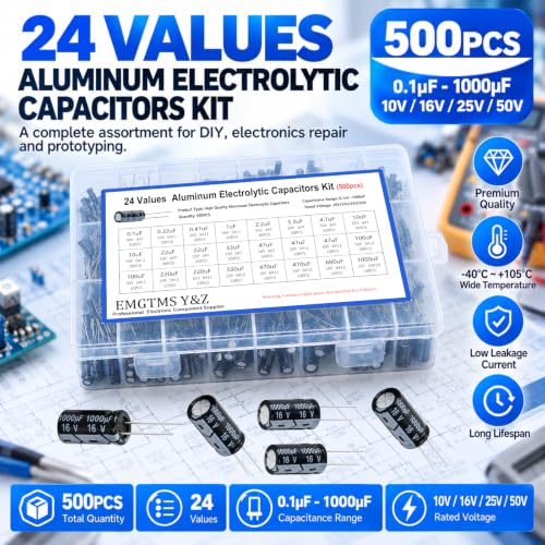 500pcs 24-Value Aluminum Electrolytic Capacitors Assortment Kit