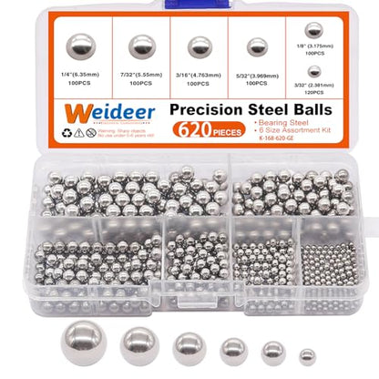 weideer 620pcs Bicycle Bearing Balls Metal Mixing Balls Assortment Kit 1/4" , 7/32", 3/16", 5/32" , 1/8", 3/32". Precision Steel Balls K-168-620-GE - size: 6size 620pcs SAE