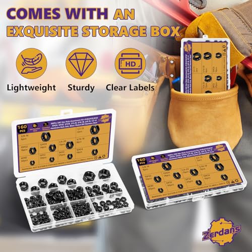 160Pcs SAE Hex Nut Assortment Kit - #4-40, #6-32, #8-32, #10-24, #10-32, #12-24, 1/4“-20, 5/16”-18,3/8“-16,1/2”-13-304 Stainless Steel Black Oxide Hardware Nuts Sets for Electronics, Mechanics & DIY - size: 160Pcs SAE Mixed Sizes Black
