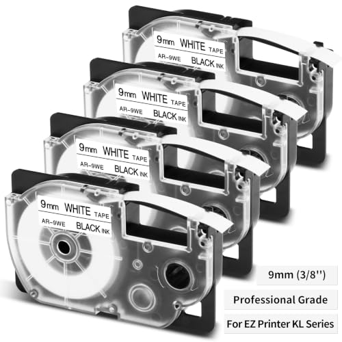 4-Pack Replace for Casio Label It Tape Cartridge 9mm White Laminated XR-9WE - color: White