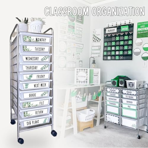 12 Pieces Rolling Storage Cart Labels 10 Drawer Rolling Storage Cart Label Eucalyptus Classroom Decor for Teacher Office School Classroom Organization - style: Eucalyptus