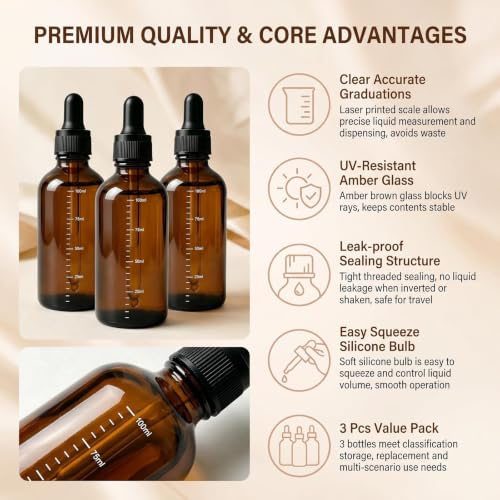 ericotry 3Pcs 100ML /3.4oz Empty Refillable Amber Glass Graduated Dropper Bottle Essential Oil Cosmetics Elite Fluid Container Jar Pot Holder with Glass Pipette Dropper - size: 100 ml