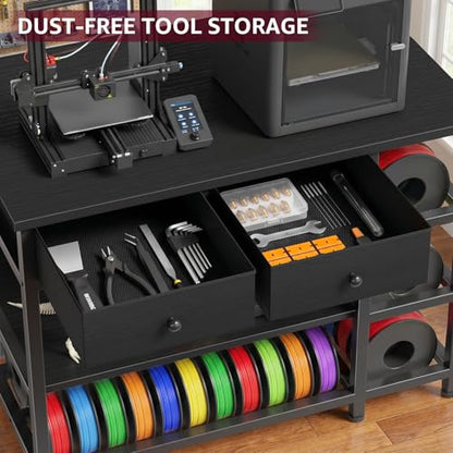 3D Printer Stand with Filament Storage - Heavy Duty 3-Tier 3 D Printer Table Shelf with 2 Fabric Drawers, 3 D Printing Desk for Tools and Supplies（Black）