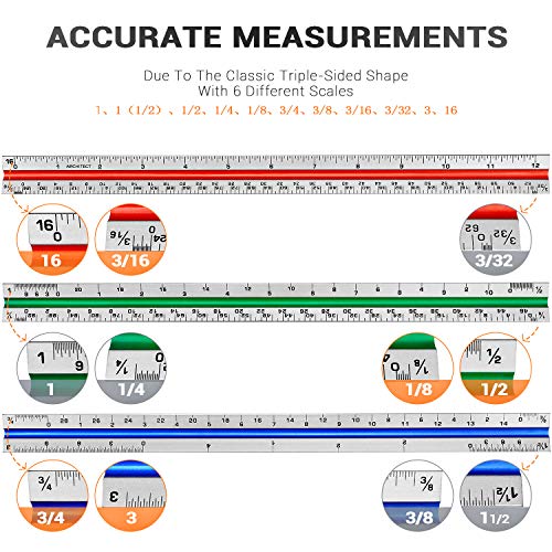 1 Pack 12" Architectural Scale Ruler Triangular Ruler, Color-Coded - color: Tricolor