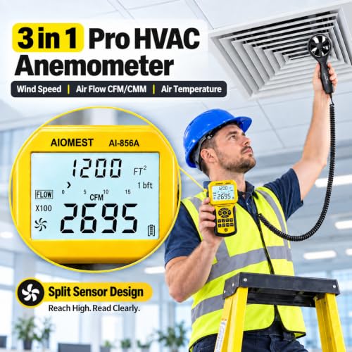 HVAC Air Flow CFM Meter, AIOMEST Pro Anemometer Split Wind Sensor AI-856A - color: Canary
