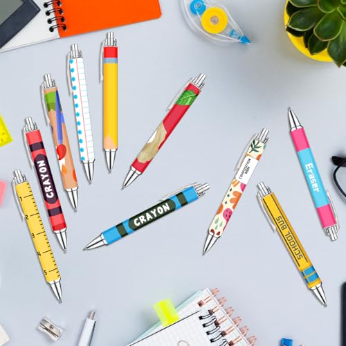 Teacher Appreciation Week Ballpoint Pens Set of 10 – Colorful Crayon-Inspired Teacher Theme Pens with Classroom Supply Designs – Smooth Black Ink Pens for Classroom, Office, and Thank You Gifts - color: Chalk Teacher