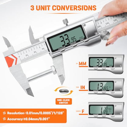HARDELL 12" Digital Caliper, All-Metal Electronic Micrometer with Large LCD, Inch/Metric/Fraction Conversion, Precision Measuring Tool for Household & DIY (2 Batteries Included) - size: 12 Inch